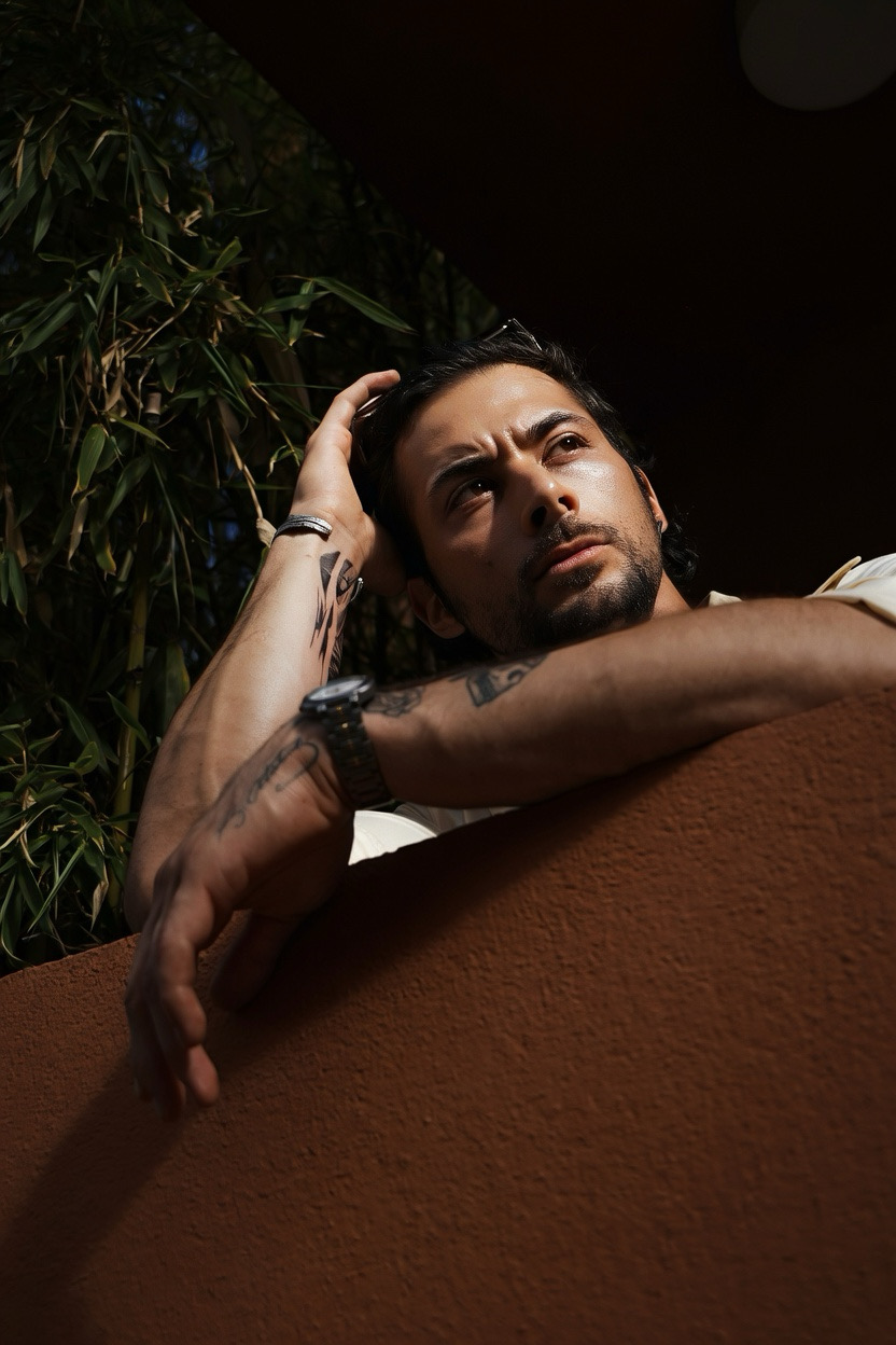 Anil leaning on a terracotta wall, wearing a watch and silver bracelet, with bamboo greenery in the background
